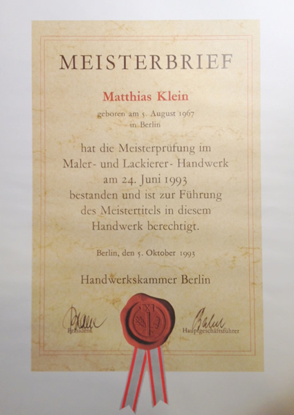 Meisterbrief Matthias Klein