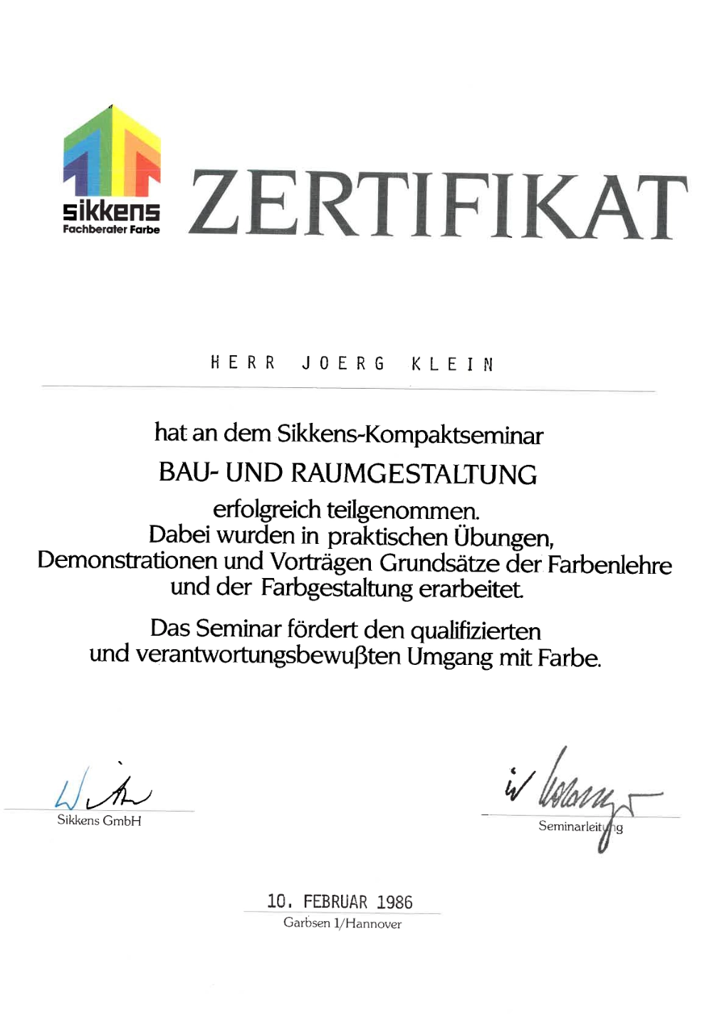 Zertifikat-Farblehre-Raumgestaltung